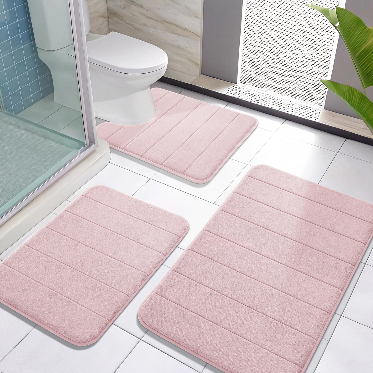 Yimobra Memory Foam Bath Mat Set 3 Pieces- Super Soft Absorbent Quick Dry Bathroom Rug Sets, Machine Washable Non Slip Floor Carpet for Tub Shower, Vanity & Toilet Base, Gray