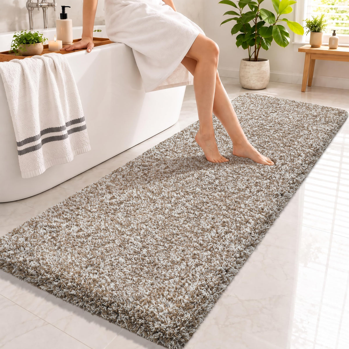 Yimobra Bathroom Rugs Non Slip Washable, Ultra Soft and Water Absorbent Bath Mats, Fluffy Shower Mat Outside, Plush Matts for Bathroom Floor/Sink, 24X17, Home Decor Accessories, Light Gray and White