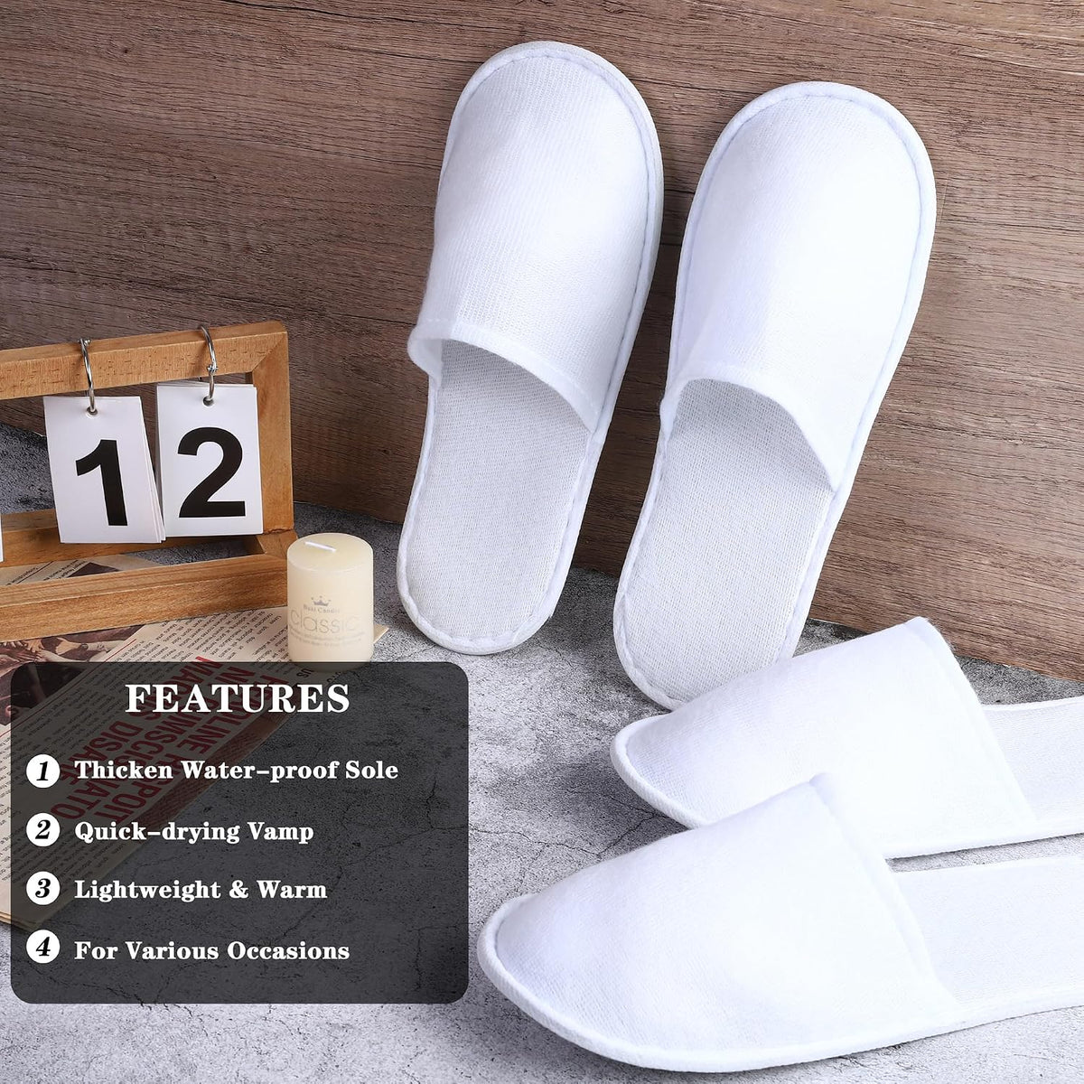 Aneco 12 Pairs Disposable Spa Slippers Fluffy Closed Toe Spa Slippers for Hotel, Home, Guest Use, Fits up to US Men Size 10 and Women Size 1