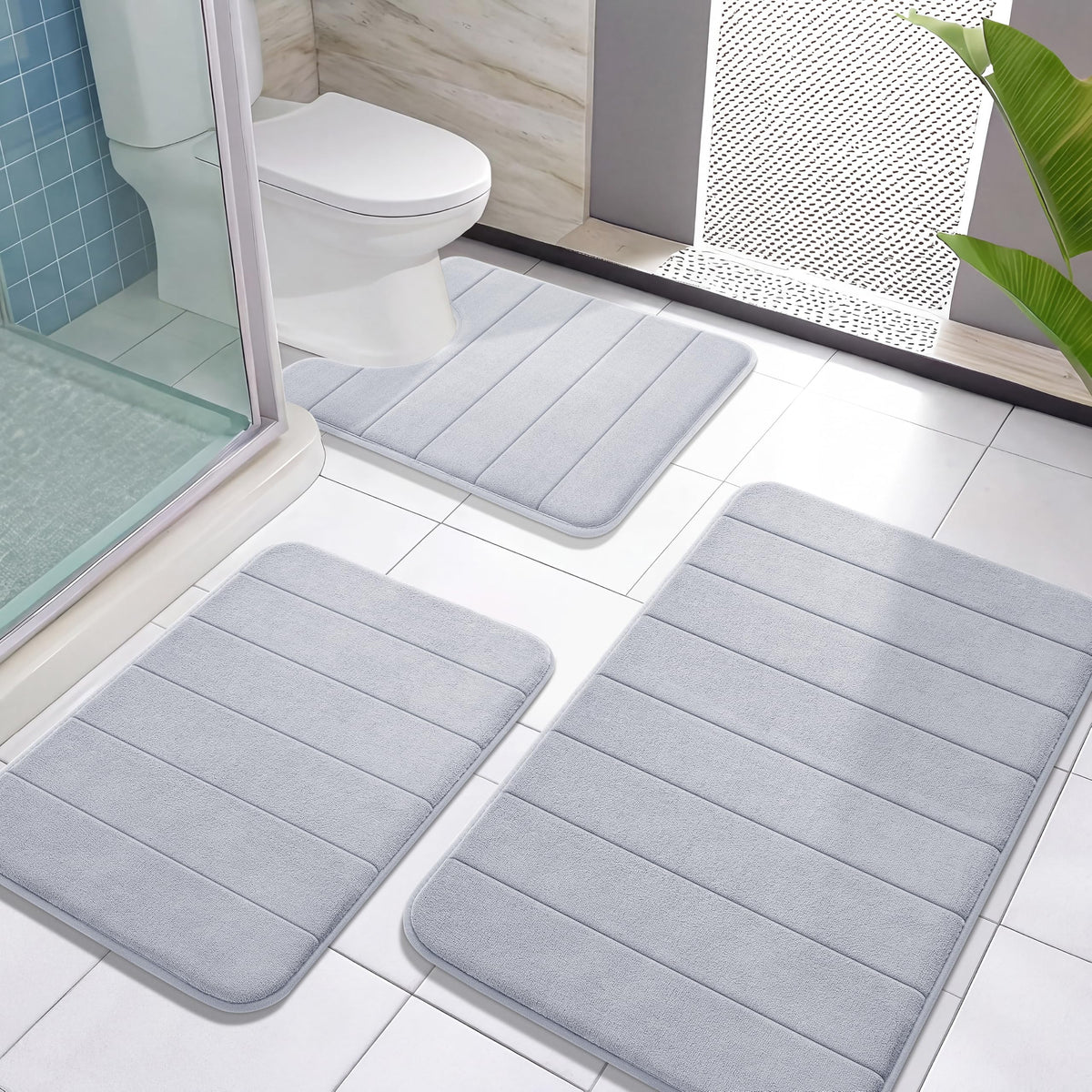 Yimobra Memory Foam Bath Mat Set 3 Pieces- Super Soft Absorbent Quick Dry Bathroom Rug Sets, Machine Washable Non Slip Floor Carpet for Tub Shower, Vanity & Toilet Base, Gray