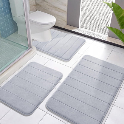 Yimobra Memory Foam Bath Mat Set 3 Pieces- Super Soft Absorbent Quick Dry Bathroom Rug Sets, Machine Washable Non Slip Floor Carpet for Tub Shower, Vanity & Toilet Base, Gray