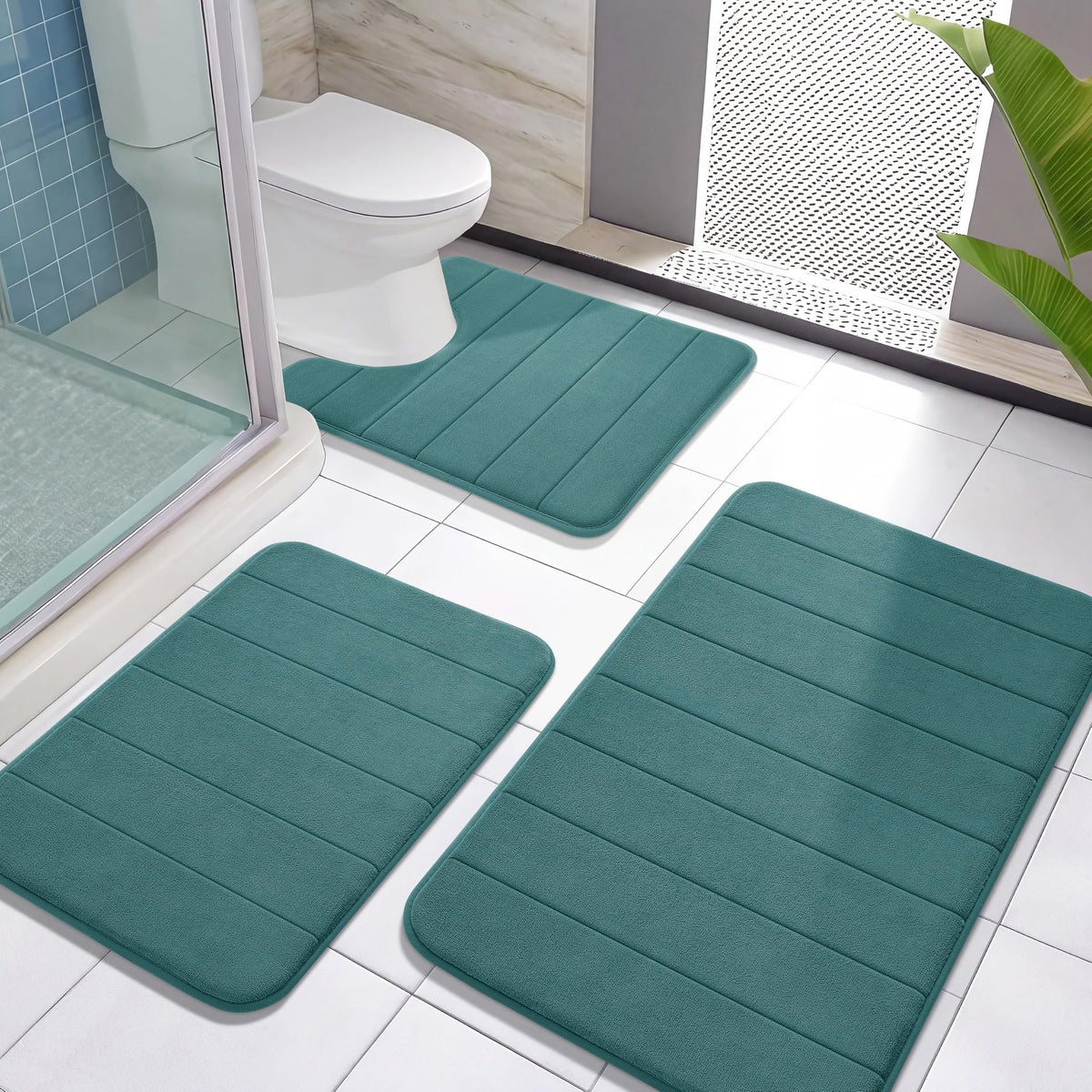 Yimobra Memory Foam Bath Mat Set 3 Pieces- Super Soft Absorbent Quick Dry Bathroom Rug Sets, Machine Washable Non Slip Floor Carpet for Tub Shower, Vanity & Toilet Base, Gray