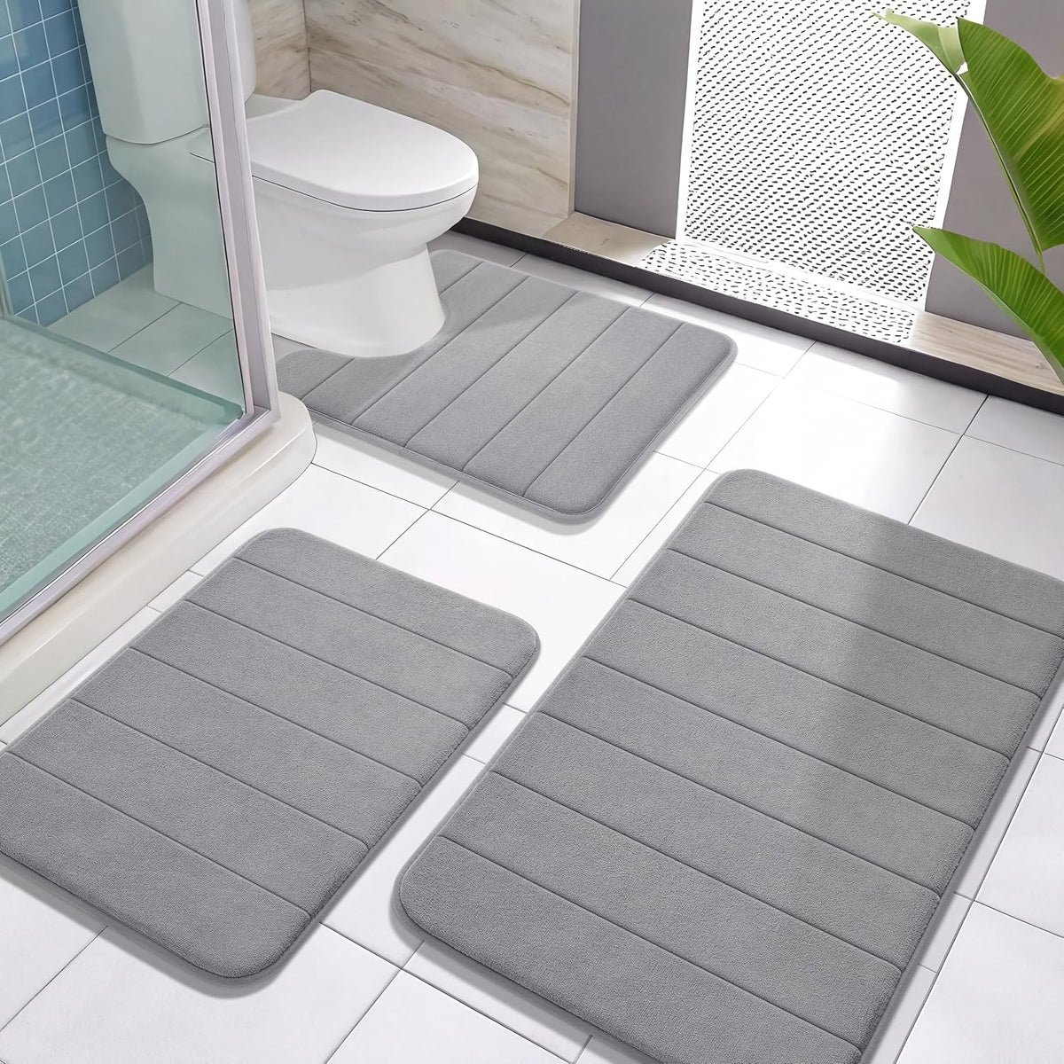 Yimobra Memory Foam Bath Mat Set 3 Pieces- Super Soft Absorbent Quick Dry Bathroom Rug Sets, Machine Washable Non Slip Floor Carpet for Tub Shower, Vanity & Toilet Base, Gray
