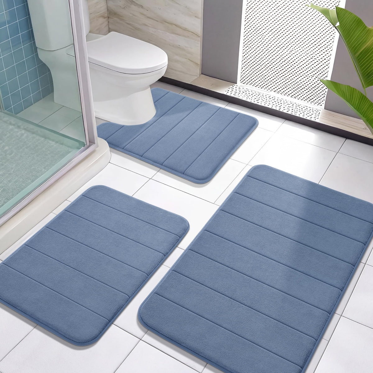 Yimobra Memory Foam Bath Mat Set 3 Pieces- Super Soft Absorbent Quick Dry Bathroom Rug Sets, Machine Washable Non Slip Floor Carpet for Tub Shower, Vanity & Toilet Base, Gray